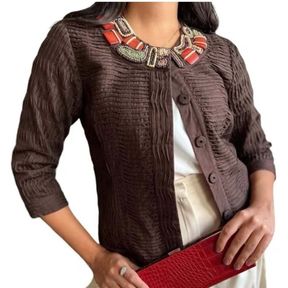 Chico's Brown Pleated Cotton Blazer Jacket Wood Tile Beaded Neck Size 0